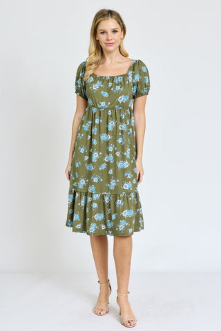 Floral Square Neck Puff Sleeve Boho Dress