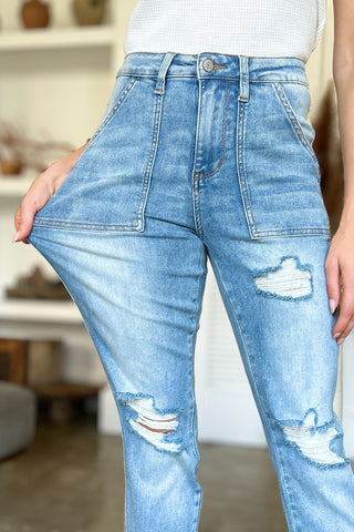 Judy Blue Distressed Boyfriend Jeans with Patch Pockets