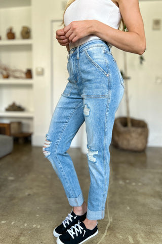 Judy Blue Distressed Boyfriend Jeans with Patch Pockets