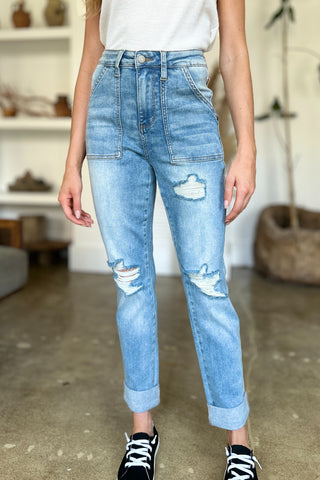 Judy Blue Distressed Boyfriend Jeans with Patch Pockets