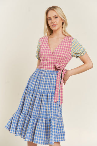 PLUS COLORBLOCK GINGHAM DRESS