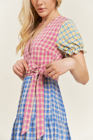 PLUS COLORBLOCK GINGHAM DRESS