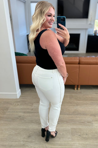 Judy Blue Mid Rise Braided Side Seam Relaxed Skinny Jeans