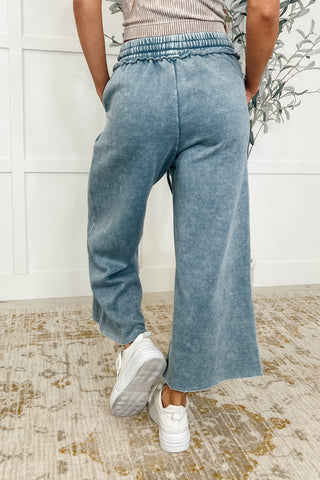 Acid Wash Fleece Palazzo Sweatpants with Pockets Ash Blue