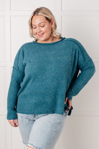 Basic Ribbed Hacci Sweater in Teal