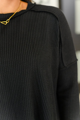 Ribbed Knit Drop Shoulder Top in Black