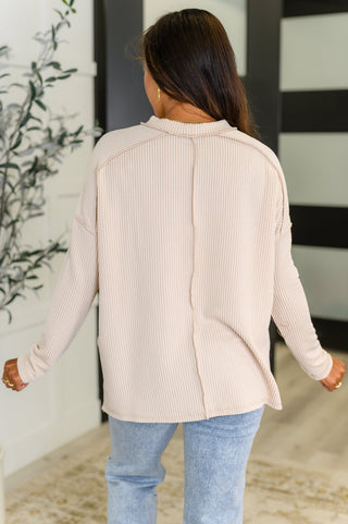 Cable Ribbed Knit Drop Shoulder Top in Sand Beige