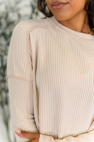 Cable Ribbed Knit Drop Shoulder Top in Sand Beige