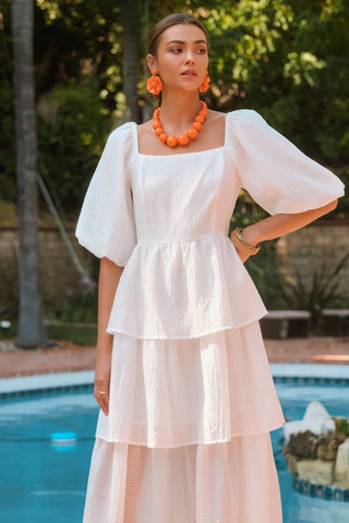 Textured Woven Square Neck Tiered Midi Dress