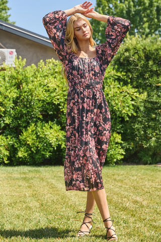 Lurex Floral Print Tiered Midi Dress