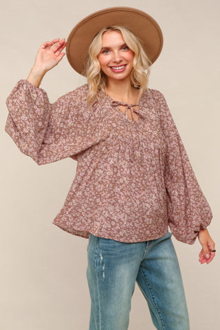 Floral V Neck Peasant Blouse