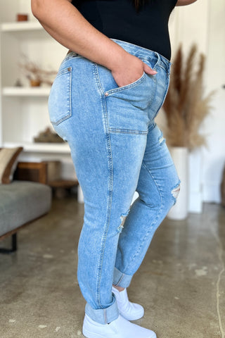 Judy Blue Distressed Boyfriend Jeans with Patch Pockets