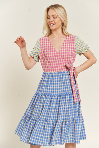 PLUS COLORBLOCK GINGHAM DRESS