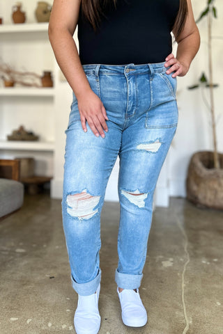 Judy Blue Distressed Boyfriend Jeans with Patch Pockets