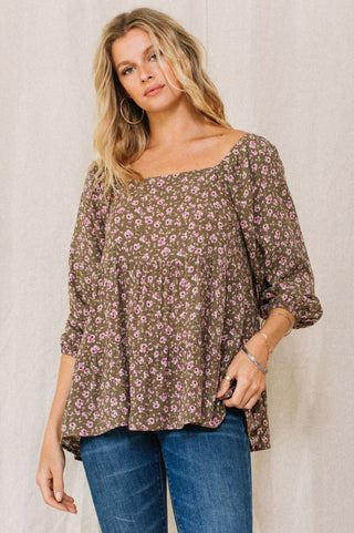 Tiny Floral Printed Square Neckline Blouse