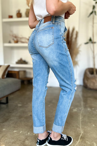 Judy Blue Distressed Boyfriend Jeans with Patch Pockets