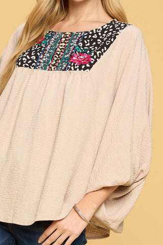 Contrast Floral Embroidery Woven Blouse