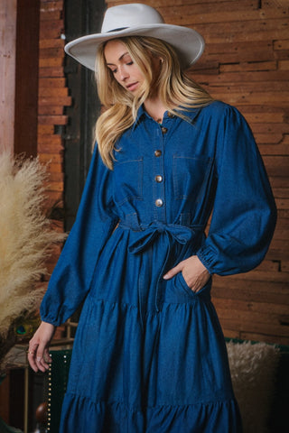 Washed Denim Tiered Shirt Midi Dress