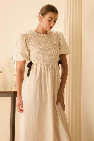 Solid Short Bubble Sleeve Poplin Midi Dress