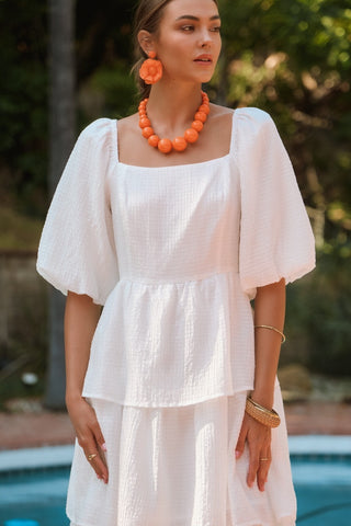 Textured Woven Square Neck Tiered Midi Dress