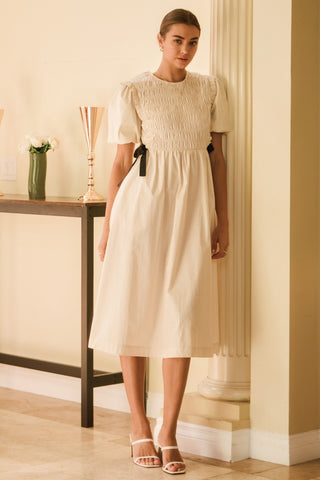 Solid Short Bubble Sleeve Poplin Midi Dress