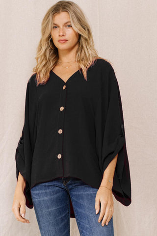 Solid Print Woven Kimono Sleeves Blouse
