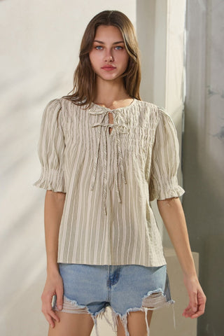 Embroidery Striped Fabric Blouse