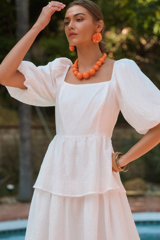 Textured Woven Square Neck Tiered Midi Dress