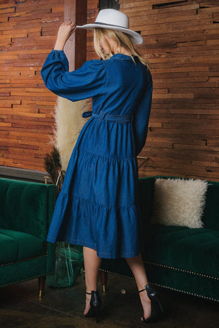 Washed Denim Tiered Shirt Midi Dress