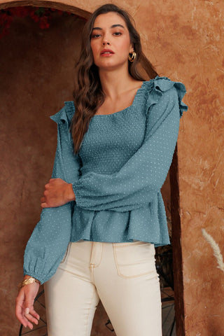 Textured Dot Fabric Ruffle Smocked Blouse