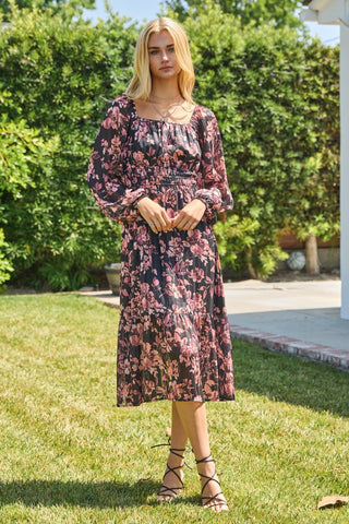Lurex Floral Print Tiered Midi Dress