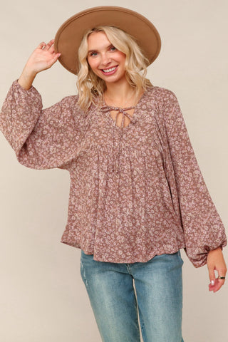 Floral V Neck Peasant Blouse