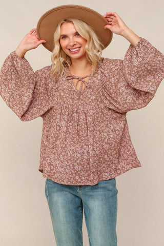 Floral V Neck Peasant Blouse