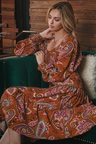Paisley Printed Smocked Midi Dress