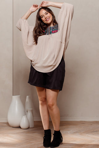 Contrast Floral Embroidery Woven Blouse