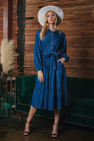 Washed Denim Tiered Shirt Midi Dress