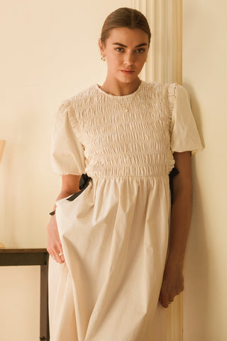 Solid Short Bubble Sleeve Poplin Midi Dress