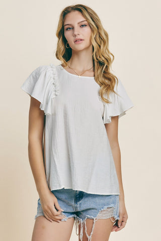 Solid Woven Ruffle Sleeves Blouse