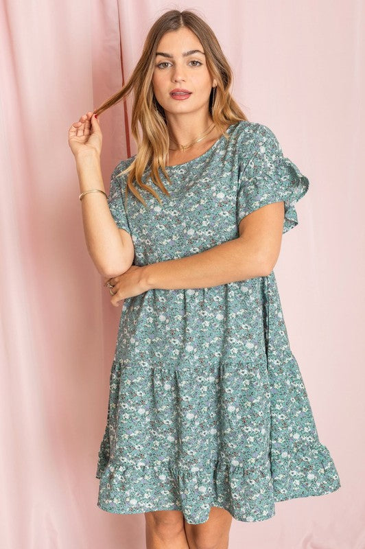 Tiered Ruffle Trim Shift Dress Sage / S Tiered Ruffle Trim Shift Dress Sage / S