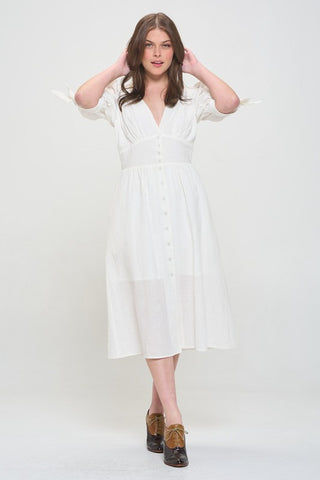 3/4 PUFF SLV TEXTURED BUTTON DOWN MIDI DRESS PLUS