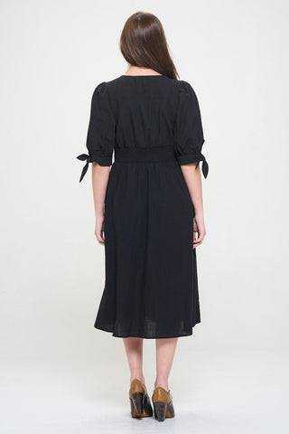 3/4 PUFF SLV TEXTURED BUTTON DOWN MIDI DRESS PLUS