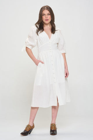 3/4 PUFF SLV TEXTURED BUTTON DOWN MIDI DRESS PLUS