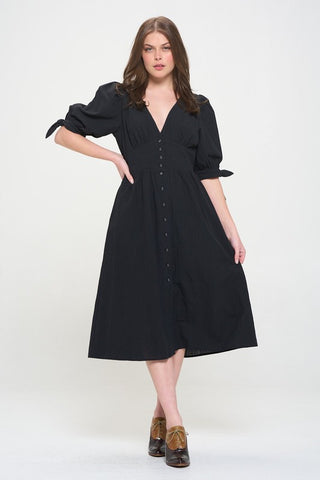 3/4 PUFF SLV TEXTURED BUTTON DOWN MIDI DRESS PLUS