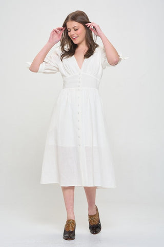 3/4 PUFF SLV TEXTURED BUTTON DOWN MIDI DRESS PLUS