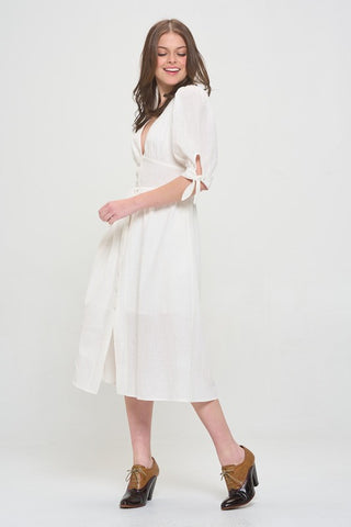 3/4 PUFF SLV TEXTURED BUTTON DOWN MIDI DRESS PLUS