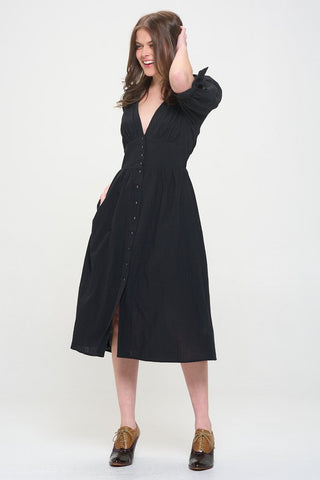 3/4 PUFF SLV TEXTURED BUTTON DOWN MIDI DRESS PLUS