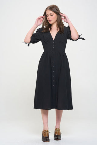 3/4 PUFF SLV TEXTURED BUTTON DOWN MIDI DRESS PLUS