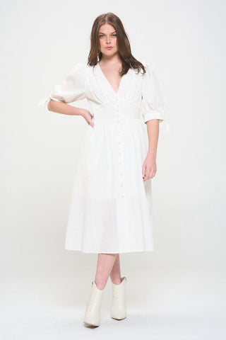 3/4 PUFF SLV TEXTURED BUTTON DOWN MIDI DRESS PLUS