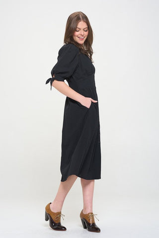 3/4 PUFF SLV TEXTURED BUTTON DOWN MIDI DRESS PLUS