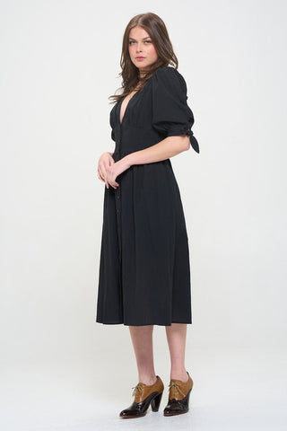 3/4 PUFF SLV TEXTURED BUTTON DOWN MIDI DRESS PLUS